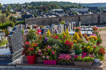 View of the flowery cemetery Bernay, Normandy, France
