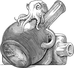 Black and white vector drawing of tiny octopus sitting on bottles