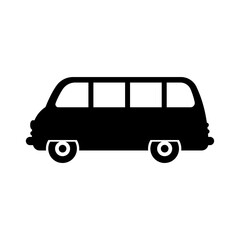 Van icon. Passenger old minibus. Black silhouette. Side view. Vector flat graphic illustration. The isolated object on a white background. Isolate.