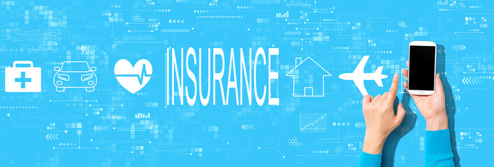 Fototapeta na wymiar Insurance concept with person using a smartphone on a blue background