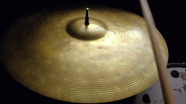 Close up drummer playing on drum plate ride. 4k.