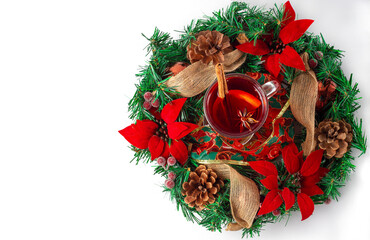 mulled wine, hot wine drink, on white background , New Year and Merry Christmas , horizontal