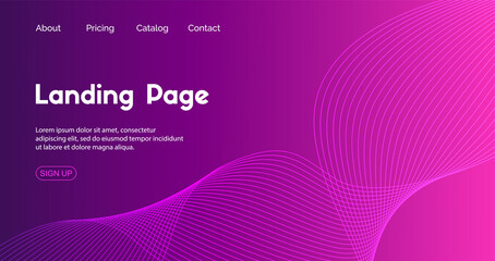 Landing page vector template. Abstract minimal background with dynamic wavy lines for web sites