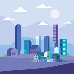 City landscape with buildings houses trees clouds and sun design, architecture and urban theme Vector illustration