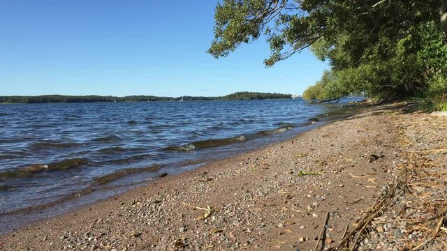 Great view over a sandy beach and some waves from the water. A green tree in the background. No people. Görväln, Järfälla, Stockholm, Sweden, Europe.