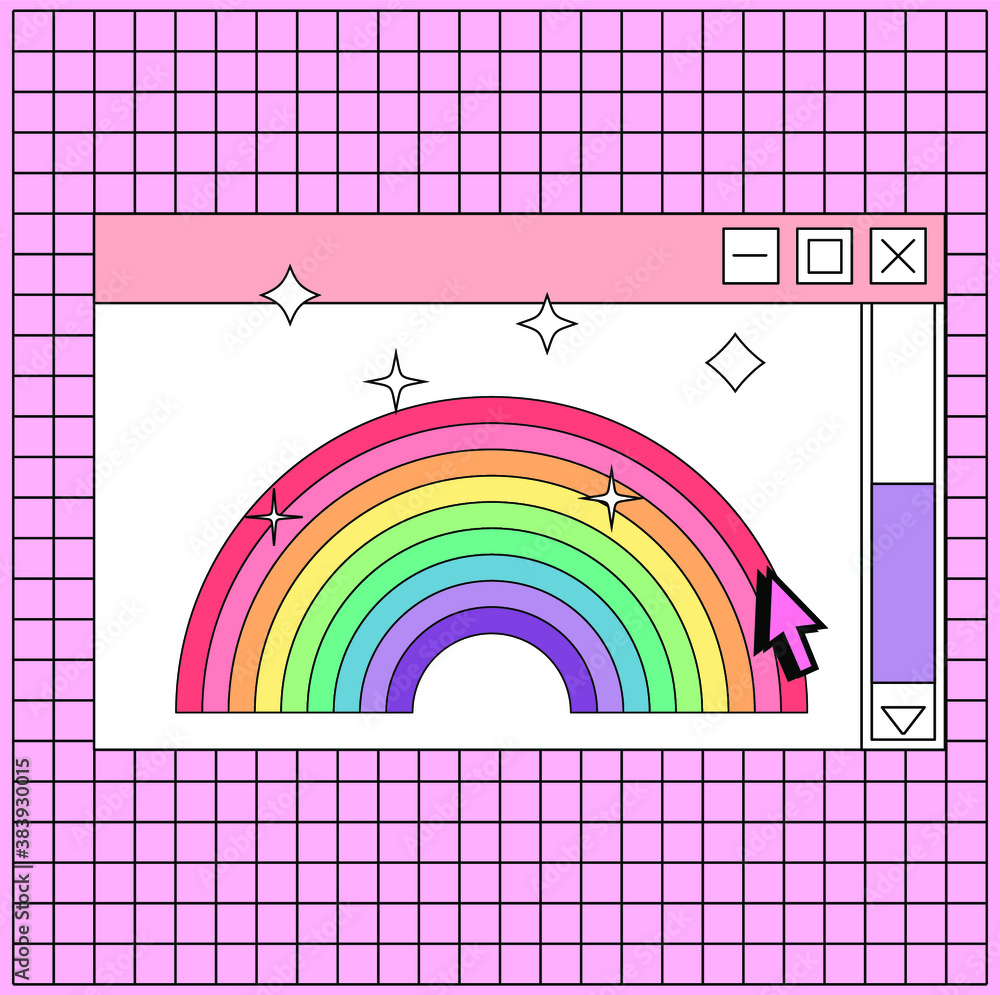 Poster collage of user interface elements and rainbow symbol. vaporwave aesthetics of 80's.