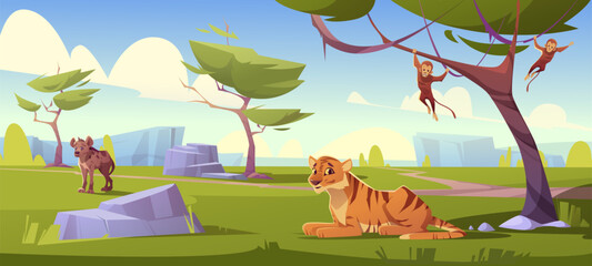 Fototapeta premium Savannah landscape with tiger, monkeys and jackal. Vector cartoon scenery of african savanna, summer natural park or tropical safari with wild animals, green trees and stones
