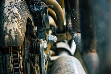 Closeup of a motorcycle parked in the streets of the city center of the metropolitan area
