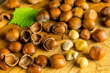 hazelnuts on wooden table, top view. Food background. Heap of many whole ripe brown hazel nuts. Vegan food.