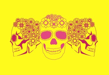 Skull skeleton head with flowers Halloween cartoon style , Mexican celebration horror Halloween 