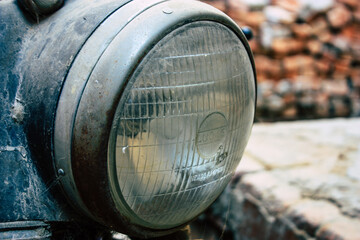 Closeup of a motorcycle parked in the streets of the city center of the metropolitan area
