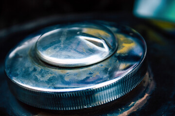 Closeup of a motorcycle parked in the streets of the city center of the metropolitan area
