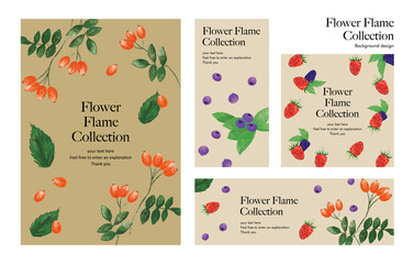 ローズヒップとベリーの植物フレームテンプレート素材：手描きのイラスト