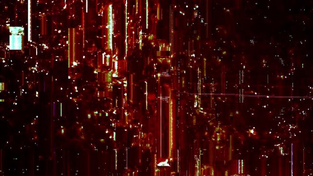 Stylish abstract and trippy digital code and cyber glitch background loop. Psychedelic strange computer meltdown backplate with block graphics and hex code fragments. Alien code decryption concept.