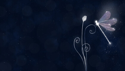 Fondo abstracto con efecto nocturno más libélula y flor © Citlali