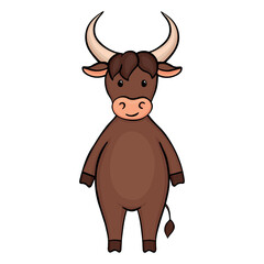 Cartoon ox, bull or cow. Vector funny cute brown ox isolated on white background. Bull chinese new year 2021 symbol. Cow cartoon character. Use for calendar, card, poster, banner, sticker.