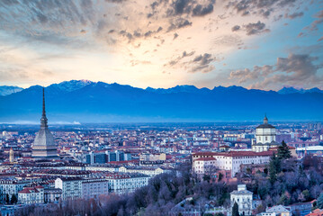 Turin panoramic skyline at sunset with Alps in background