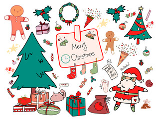 Set of Christmas and New Year elements, vector. Merry event Santa Claus and gingerbread man, turkey. Holiday doodles for postcards, prints, fabrics, decoration.