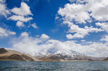 View of the karakoram mountain range from the Karakul lake, Xinjiang Province, China