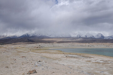 View of the karakoram mountain range from the Karakul lake, Xinjiang Province, China
