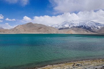 View of the karakoram mountain range from the Karakul lake, Xinjiang Province, China