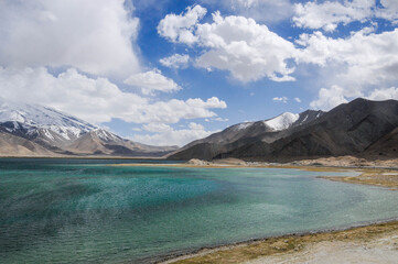 View of the karakoram mountain range from the Karakul lake, Xinjiang Province, China