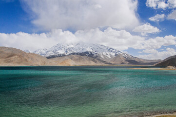 View of the karakoram mountain range from the Karakul lake, Xinjiang Province, China