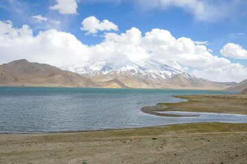 View of the karakoram mountain range from the Karakul lake, Xinjiang Province, China