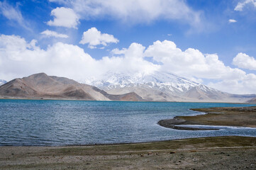 View of the karakoram mountain range from the Karakul lake, Xinjiang Province, China