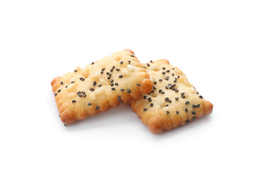 Delicious crispy crackers with poppy and sesame seeds isolated on white