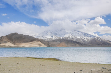 View of the karakoram mountain range from the Karakul lake, Xinjiang Province, China