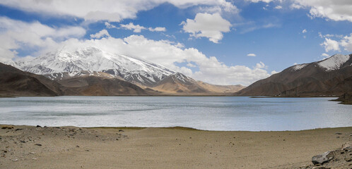 View of the karakoram mountain range from the Karakul lake, Xinjiang Province, China