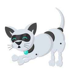 cute cat-robot bends on its front paws, silver color on a white background. Technological robot that measures the habits of animals. Pet of the future