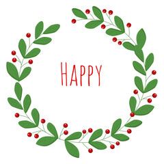 Fototapeta premium Wreath and rounded leaves and berries. Floral frame with congratulations. Round frame made of branches