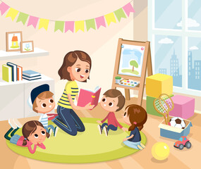 Mum nurse teacher reading book to children kids pupils in a kindergarden classroom at primary school, pre-school, home.Reading books for kids. Babysitting. Children listen to teacher.