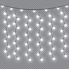 Christmas lights isolated realistic design elements. Glowing lights for Xmas Holiday greeting card design. Garlands, Christmas decorations.
