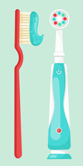 vector illustration of two types of toothbrushes-with bristles and electric. isolated on  blue background.dental care. set of device for daily oral clean.cartoon style.