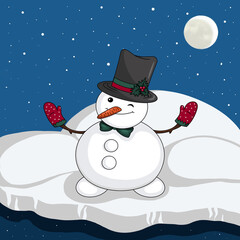 Snowman with hat, bow tie, strawberry mittens on the ice, snow and deep blue background with moon and snowflakes. Christmas, winter holiday hand drawn design for print, postcard, invitation, poster