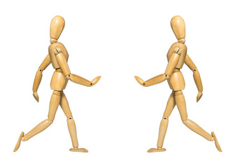 wooden figure a man doll running on white background 