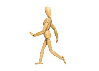 wooden figure a man doll running on white background 