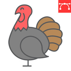Turkey bird color line icon, thanksgiving and poultry, turkey bird sign vector graphics, editable stroke filled outline icon, eps 10.