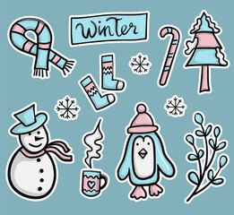 Colorful Hand drawn Winter stickers Collection