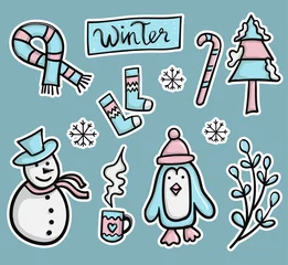 Muurstickers Colorful Hand drawn Winter stickers Collection © Bara_Studio