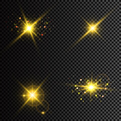 White glowing light explodes on a transparent background. Sparkling magical dust particles. Bright Star. Transparent shining sun, bright flash. Vector sparkles. To center a bright flash.