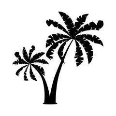 Black palm tree with leaves silhouette isolated on white background. Vector illustration in flat simple style. Single exotic palm tree element for graphic design.