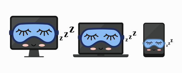 Sleeping off computer desktop, laptop, tablet pc or smartphone icon set isolated on white background. Asleep modern cute electronic devices with sleeping mask. Flat design vector illustration.