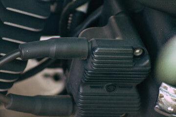 Closeup of a motorcycle parked in the streets of the city center of the metropolitan area
