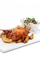 Roasted chicken with crust isolated on white background