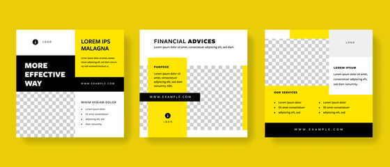Set of clean editable social media post templates with yellow and black accent. Modern business banner graphics for online advert or facebook and instagram