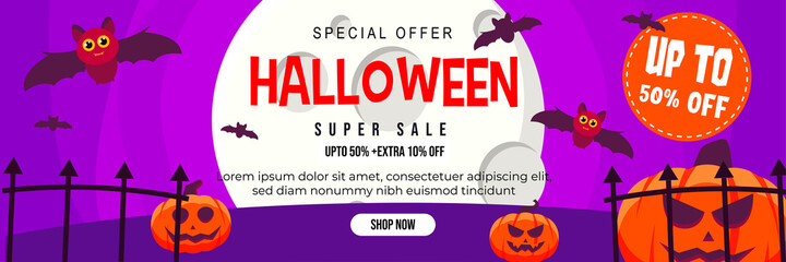 Halloween Event Super Sale Banner Discount Up To 50% Extra 10% With Big Moon, Cute Bat and Jack O Lantern Pumpkin Background Flat Design